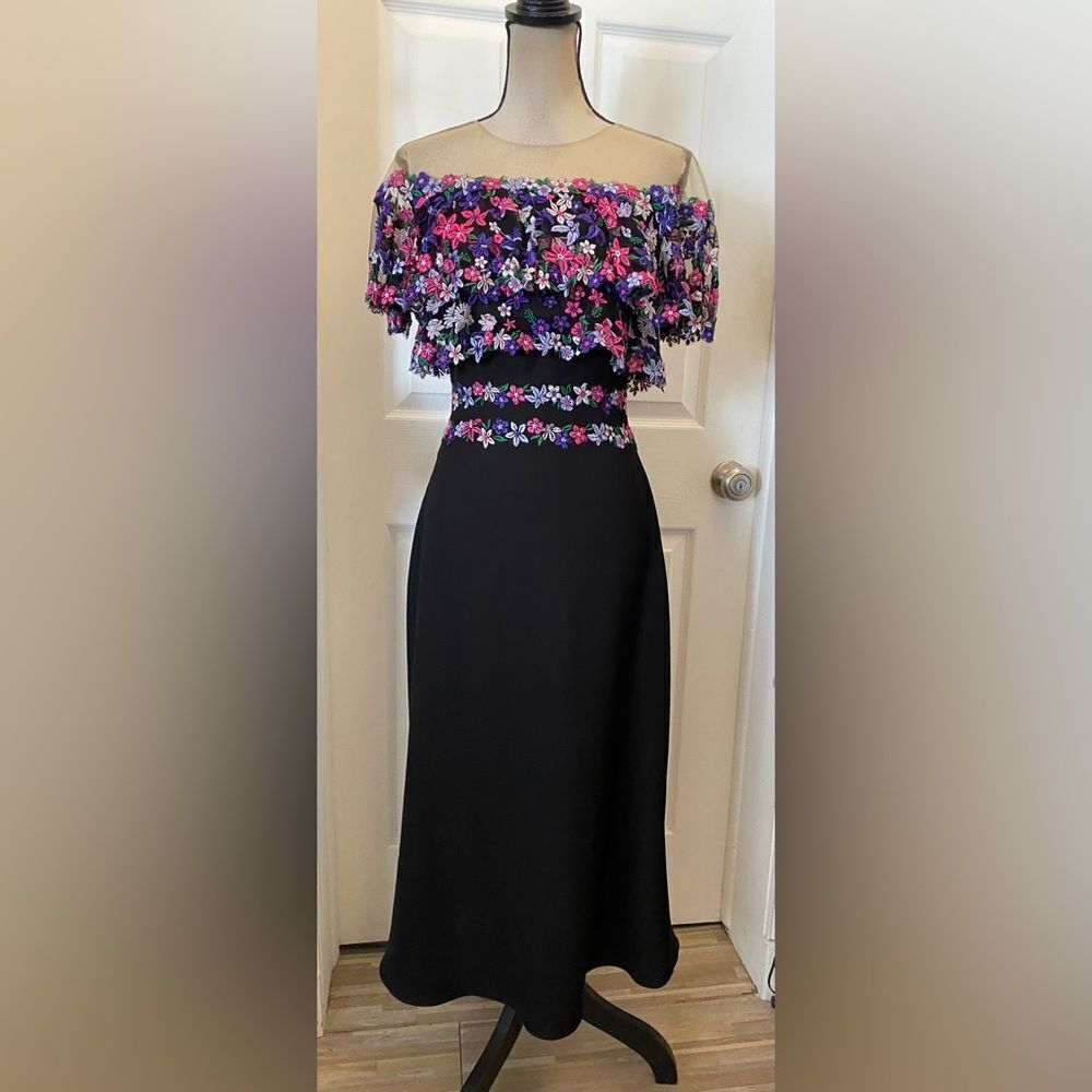 Tadashi Shoji mesh/embroidered top midi dress, S